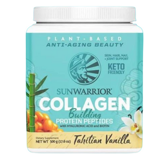 Sunwarrior Collagen supplement bottle with Tahitian Vanilla flavor on a teal background