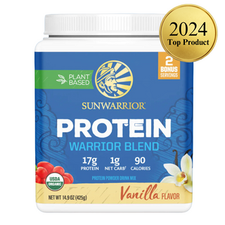 Sunwarrior Protein Warrior Blend container with 2024 Top Product badge on a blue background
