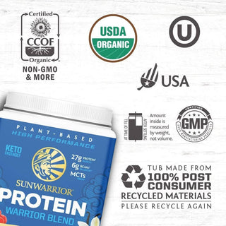 Sunwarrior Protein container with certification logos on a white background