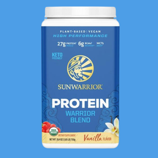 Sunwarrior Protein Warrior Blend container on a blue background