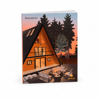 A hardcover book titled 'Boundaries' by Switch, featuring an illustrated cover of a modern A-frame cabin with a warm sunset sky and pine trees.