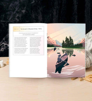 Open journal with a scenic illustration of two people in a boat on a lake, with text on a black background.