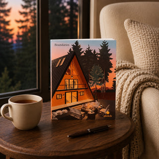 A square art print or book cover titled "Boundaries" stands on a round wooden table in a cozy living room. The cover shows an illustrated A-frame cabin at sunset with trees and a campfire scene.